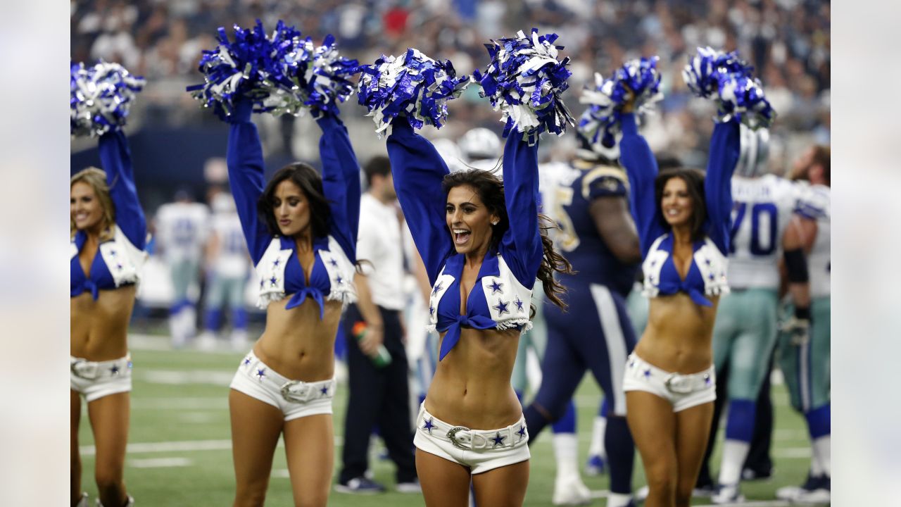 The Dallas Cowboys Cheerleaders perform during an NFL football