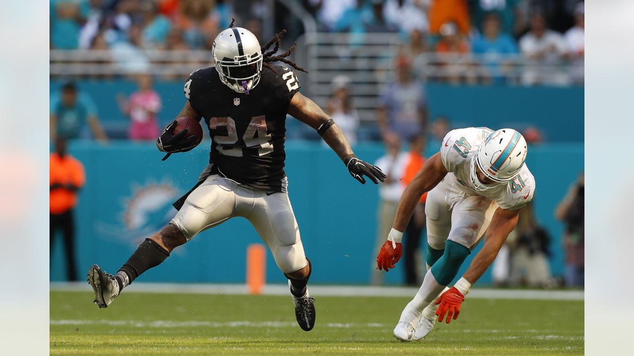 Oakland Raiders running back Marshawn Lynch (24) during the first half of  an NFL preseason football game against the Los Angeles Rams in Oakland,  Saturday, Aug. 19, 2017. (AP Photo/Rich Pedroncelli)