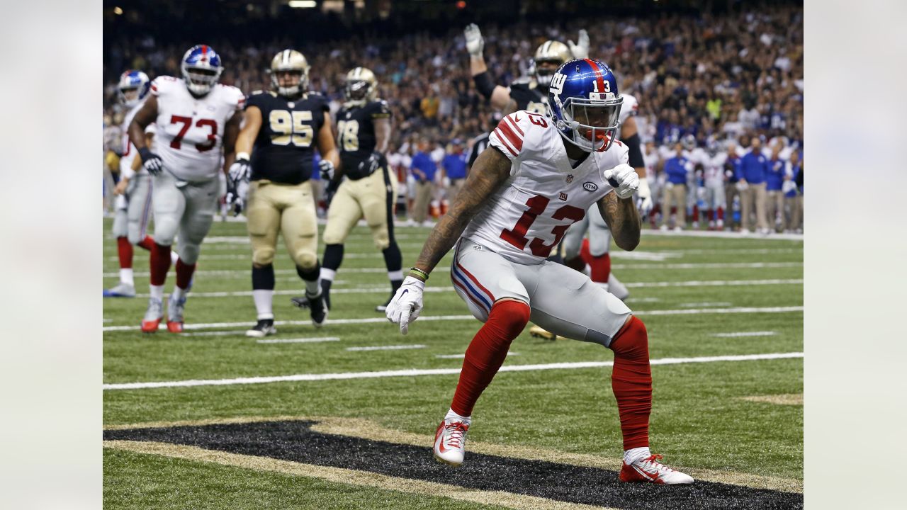 New York Giants Odell Beckham Jr. celebrates after scoring on 75 yard  touchdown catch in the 3rd quarter against the Baltimore Ravens in week 6  of the NFL at MetLife Stadium in