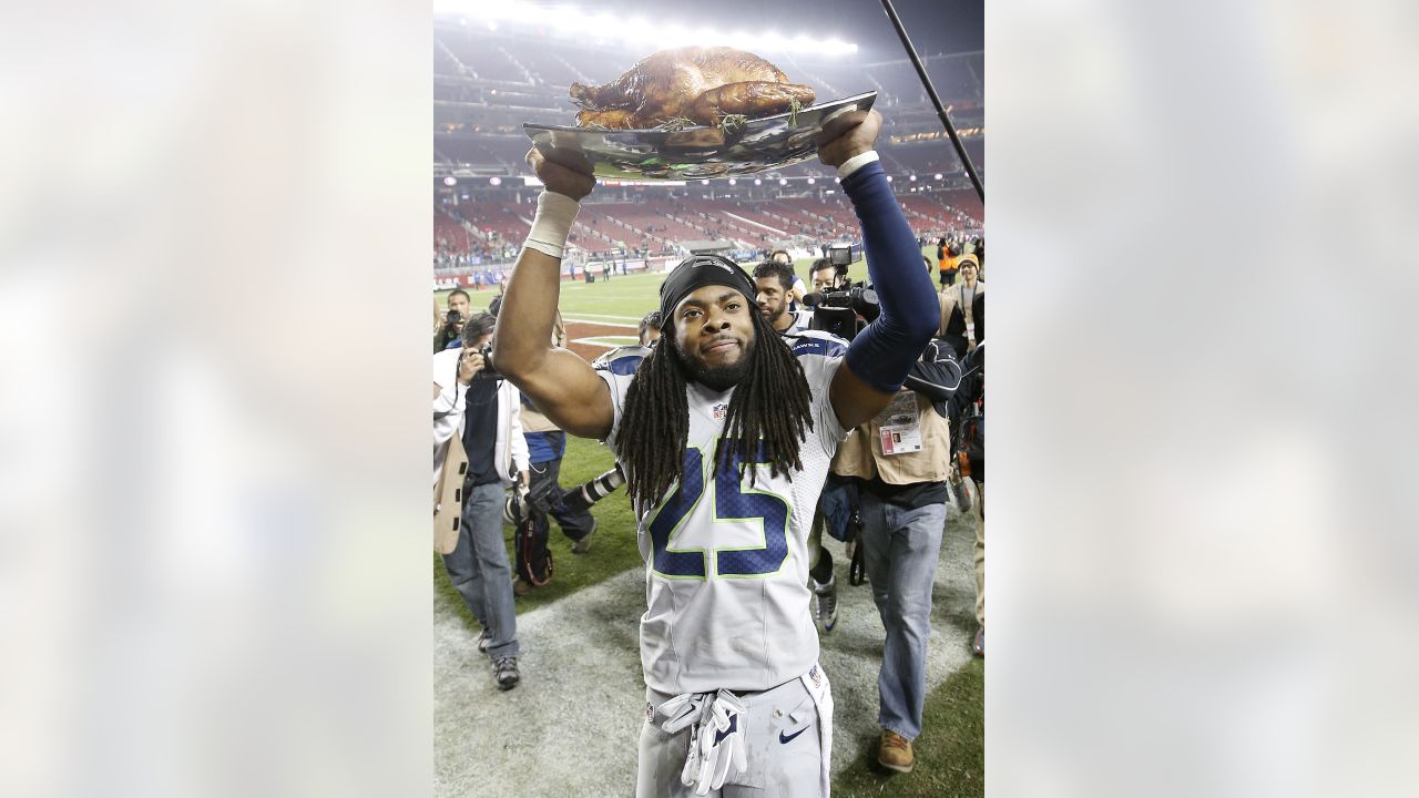 September 17, 2017: Seattle Seahawks cornerback Richard Sherman (25)  adjusts his helmet during a game between the San Francisco 49ers and the Seattle  Seahawks at CenturyLink Field in Seattle, WA on September