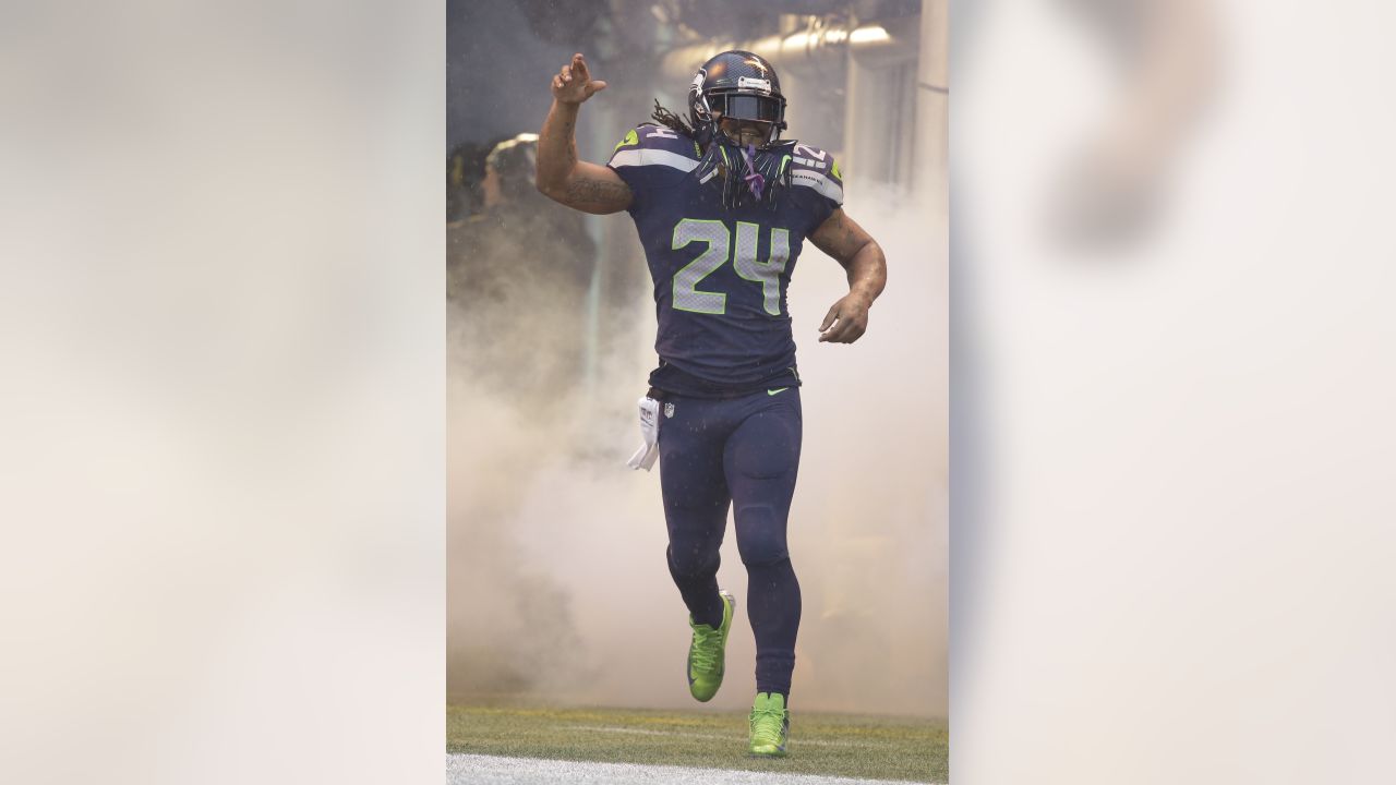 Seattle Seahawks running back Marshawn Lynch (24) rushes for no gain as he  is down on the Denver 1 yard line at the Super Bowl XLVIII at MetLife  Stadium in East Rutherford