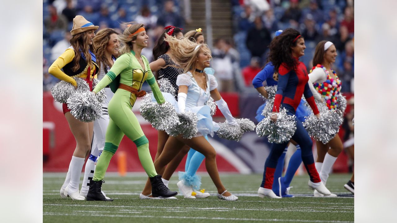 New England Patriot cheerleaders in Halloween costume at Gillette Stadium,  the home of Super Bowl champs