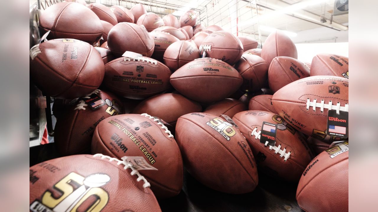 An official game ball for the NFL Super Bowl 50 football game