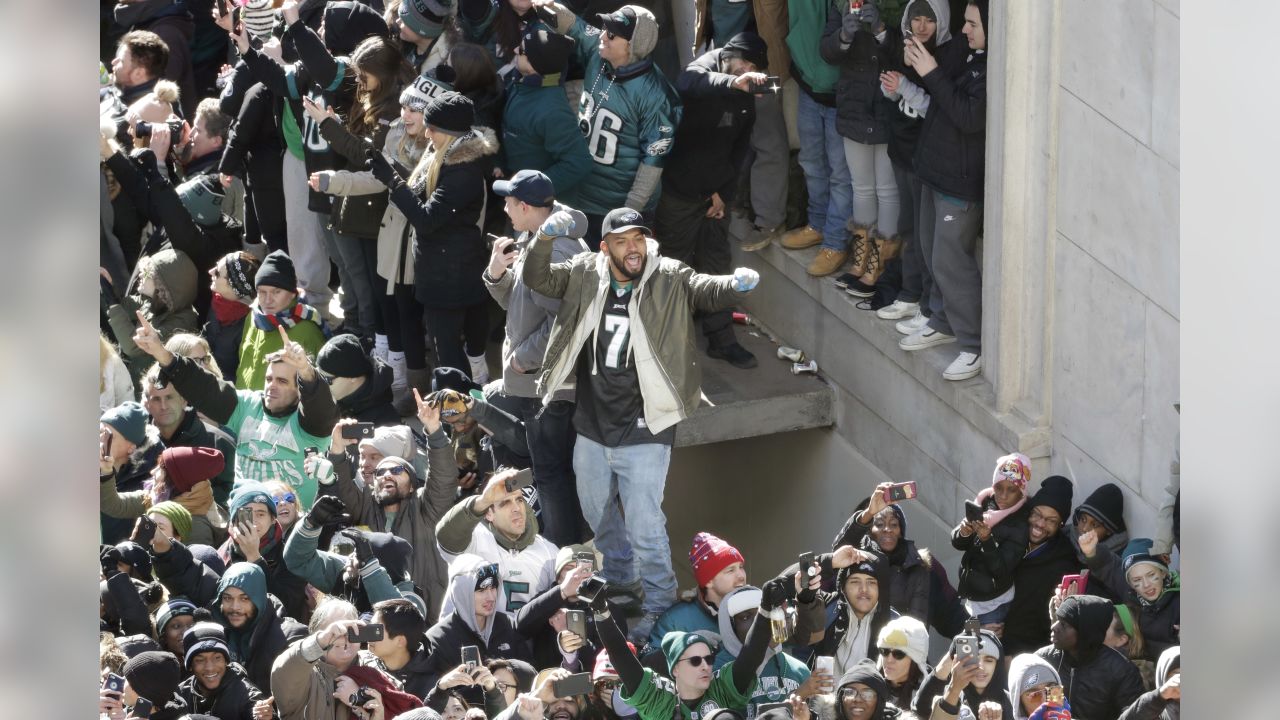 Fans crowd the streets to watch a Super Bowl victory parade for the Philadelphia  Eagles NFL football team on Februar…