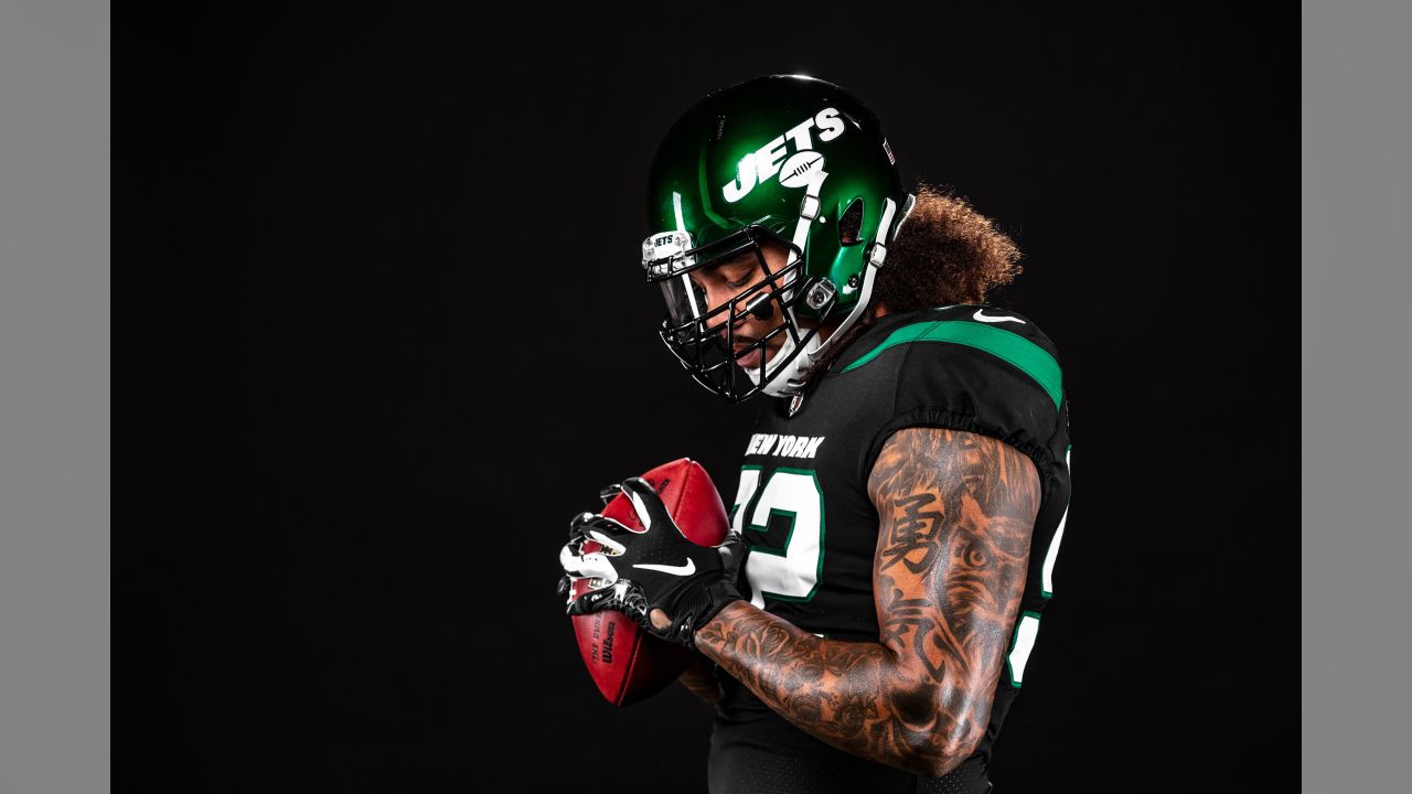 New York Jets players model the new Jets NFL football uniforms when the New  York Jets host a Uniform Launch Event at Gotham Hall in New York City on  April 4, 2019.