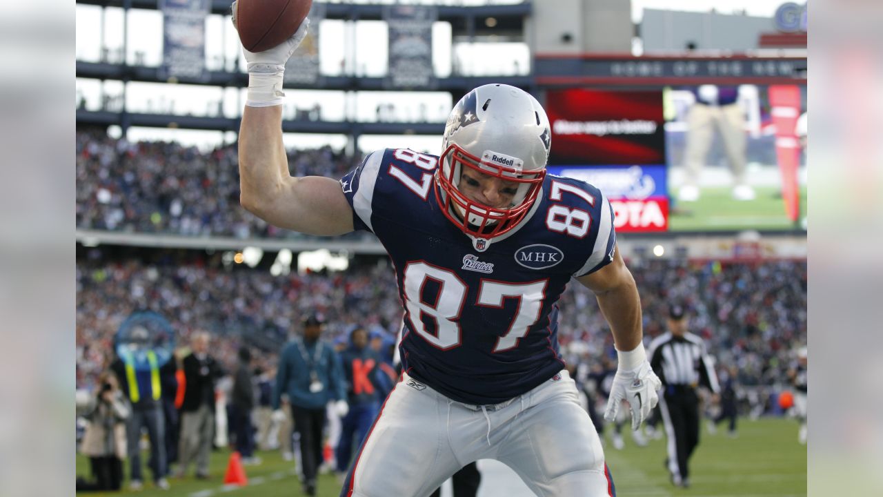 New England Patriots' Deion Branch (84) celebrates with teammate Rob  Gronkowski (87) after scoring a touchdown during the fourth quarter of an  NFL football game, Sunday, Nov. 13, 2011, in East Rutherford