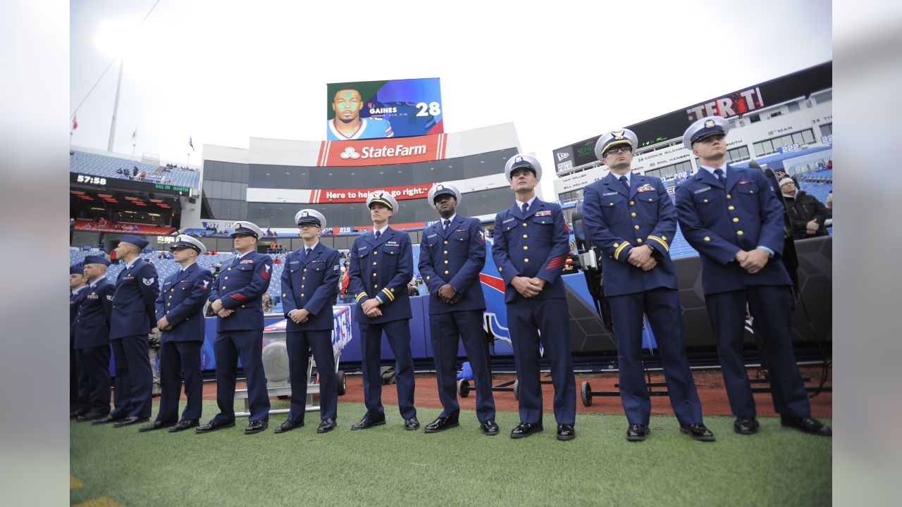 U.S. Military recruits are sworn in during halftime on Salute to Service  military appreciation day at an NFL football game between the Jacksonville  Jaguars and the Las Vegas Raiders, Sunday, Nov. 6