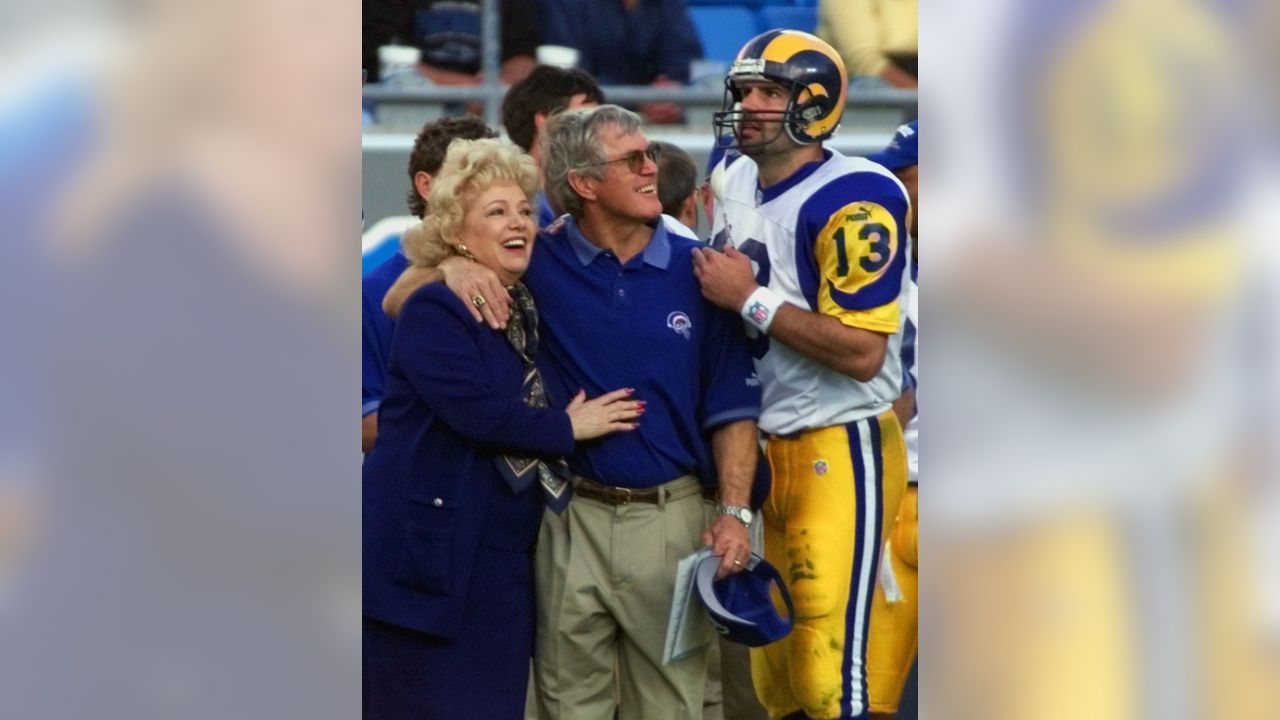 St. Louis Rams' owner Georgia Frontiere , left, congratulates Rams' Anthony  Hargrove after the Rams' victory over the Denver Broncos in an NFL football  game Sunday, Sept. 10, 2006, in St. Louis.