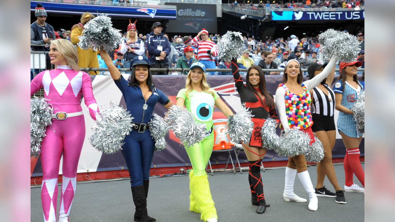 New England Patriot cheerleaders in Halloween costume at Gillette