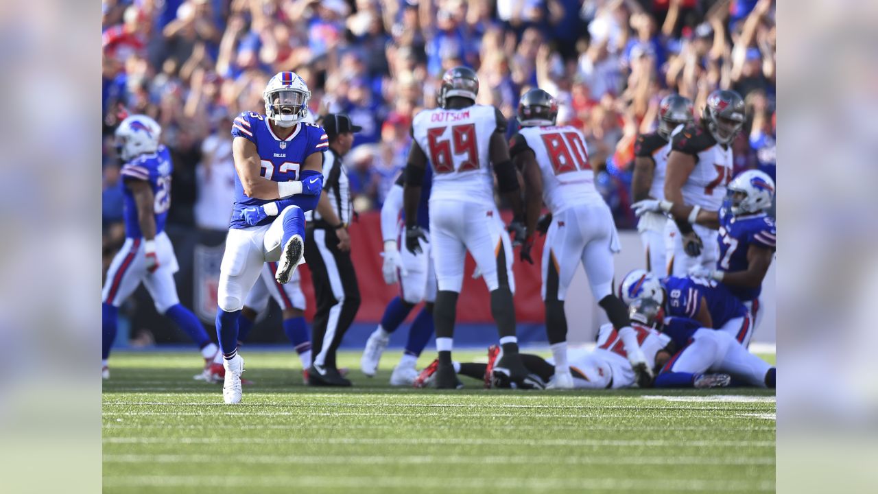 Buffalo Bills strong safety Micah Hyde, right, exchanges jersey's