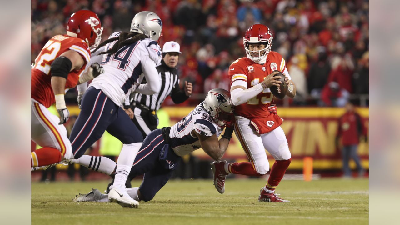 New England Patriots quarterback Tom Brady looks for a receiver during the  first half of the AFC Championship NFL football game against the Kansas  City Chiefs, Sunday, Jan. 20, 2019, in Kansas