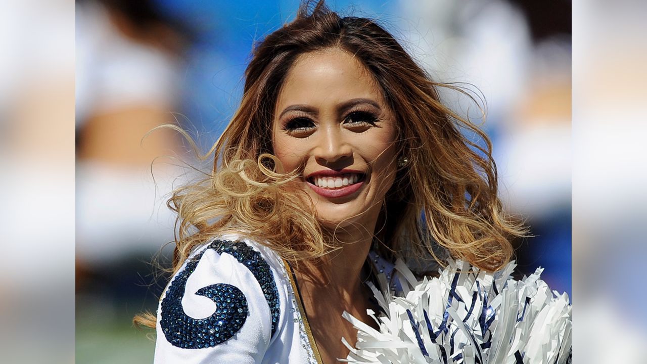 Los Angeles Chargers cheerleaders on the field during a break in