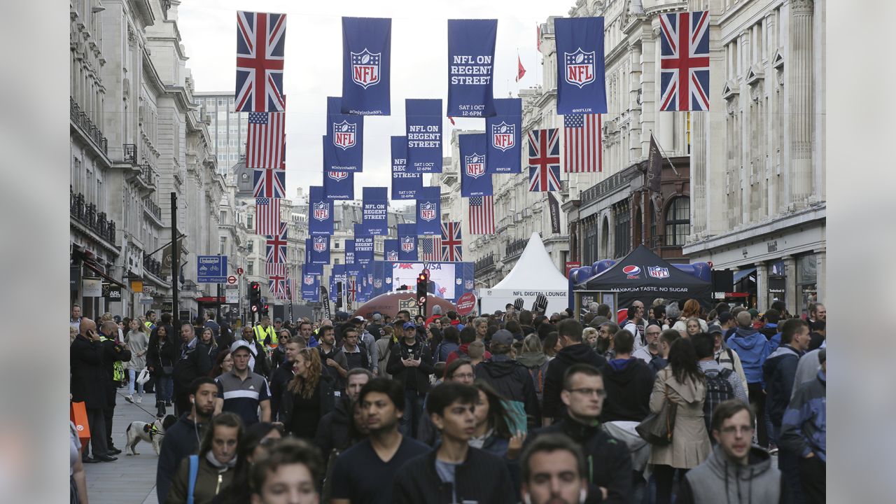 Jacksonville Jaguars cheerleaders perform at NFL on Regent Street, in  central London. The fan event saw the street closed to traffic, to promote  the International Series game at Wembley between the Indianapolis