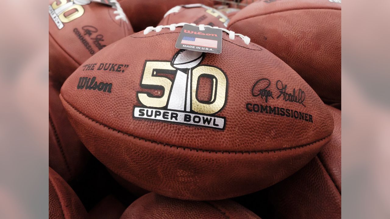 An official game ball for the NFL Super Bowl 50 football game is  photographed, Tuesday, Jan. 26, 2016. The Wilson Sporting Goods football  factory in Ada, Ohio has made the official Super