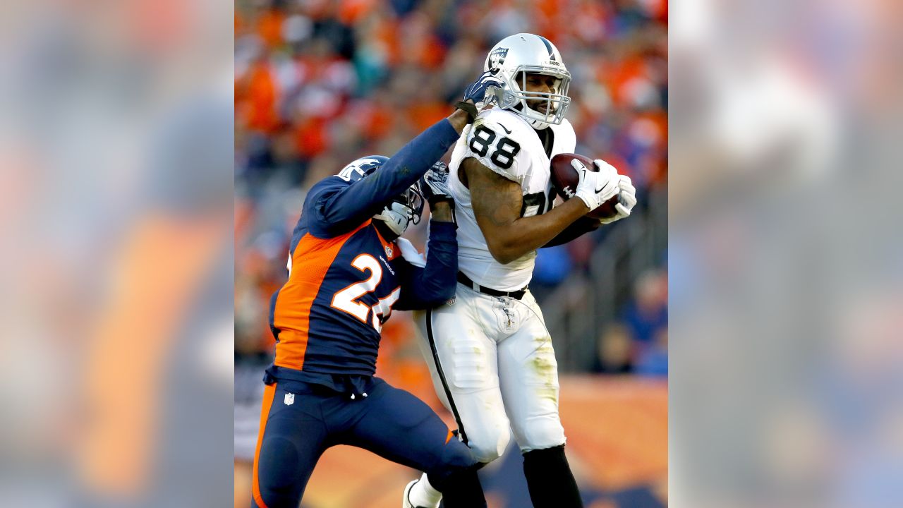 Denver Broncos wide receiver Demaryius Thomas (88) makes a catch in front  of Baltimore Ravens cornerback Lardarius Webb (21) during the first half of  an NFL football game in Baltimore, Sunday, Oct.