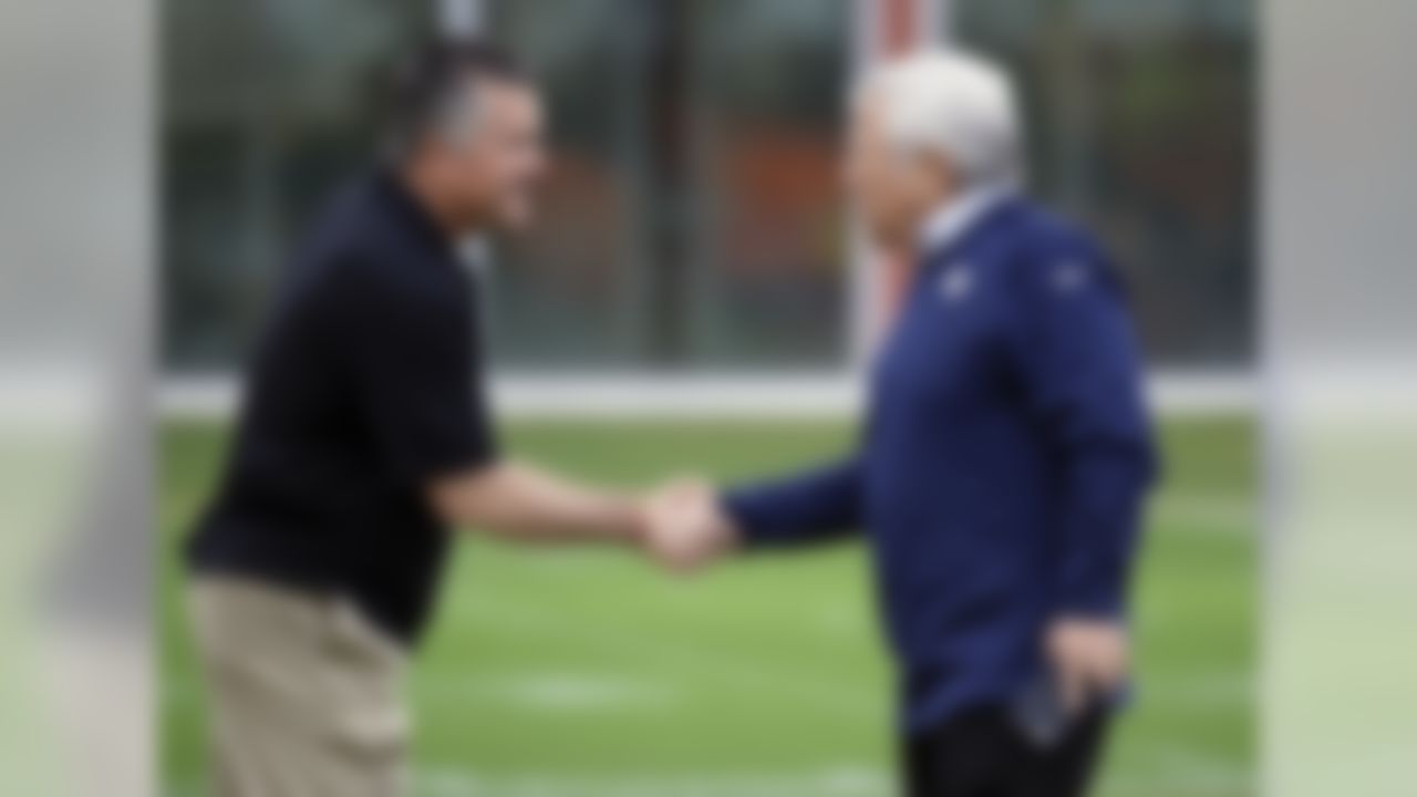 New England Patriots owner Robert Kraft, right, greets Arizona State head football coach Todd Graham during a Patriots' practice Thursday, Jan. 29, 2015, in Tempe, Ariz. The Patriots play the Seattle Seahawks in NFL football Super Bowl XLIX Sunday, Feb. 1. (AP Photo/Mark Humphrey)