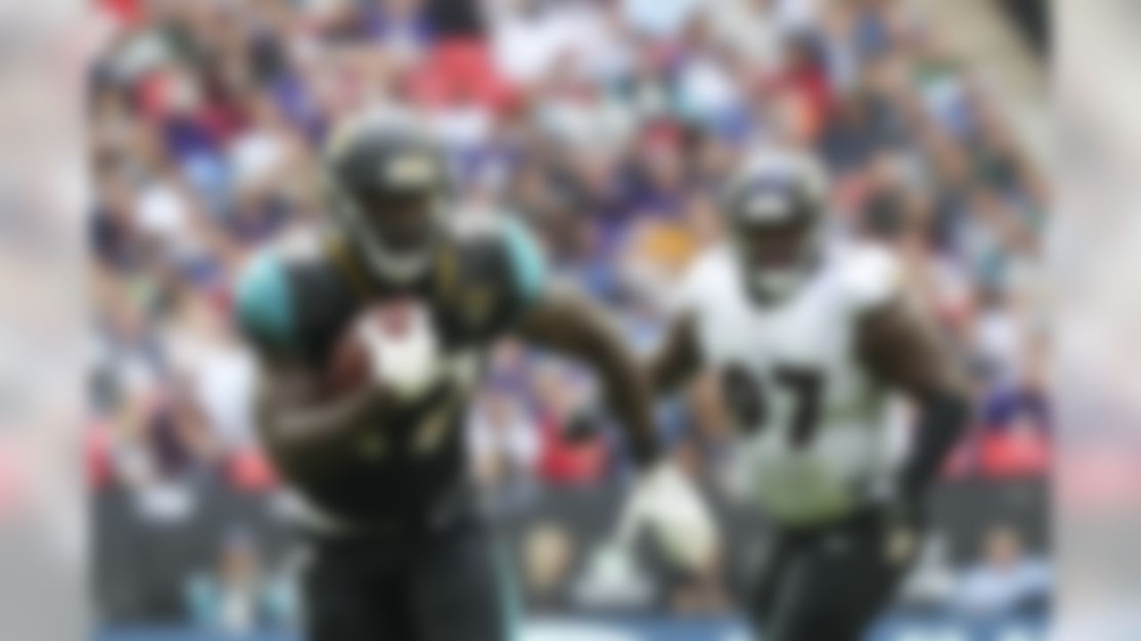 Jacksonville Jaguars running back Leonard Fournette (27) runs the ball during a NFL football game against the Baltimore Ravens, Sunday, Sept. 24, 2017 in London, England.