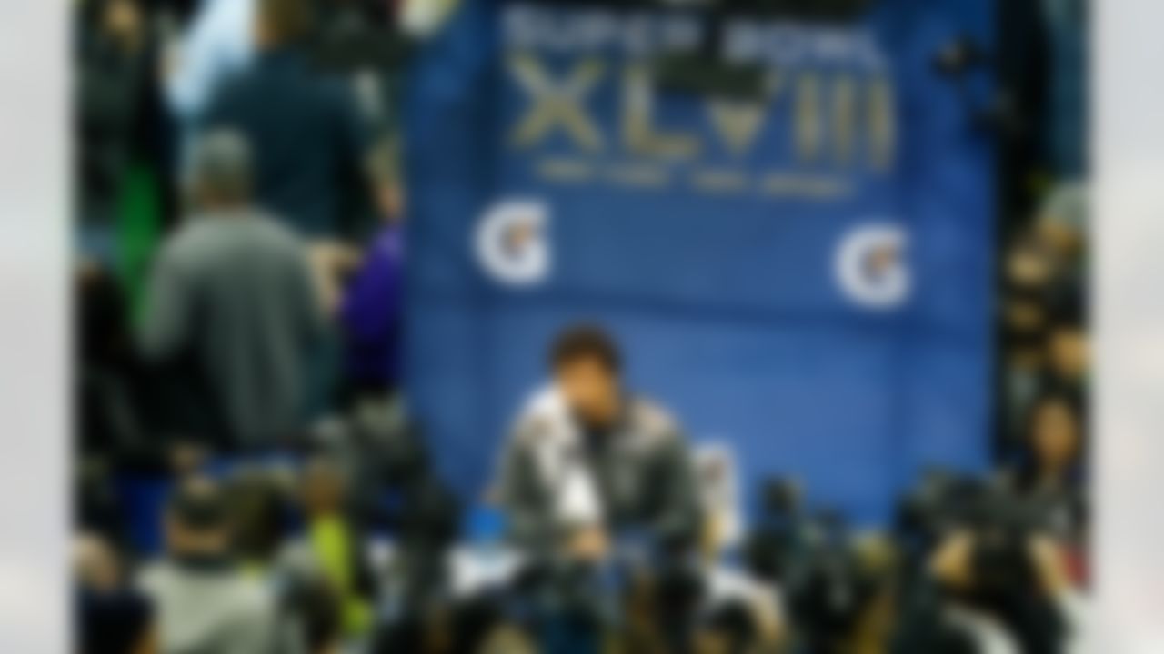 Seattle Seahawks quarterback Russell Wilson speaks during the Super Bowl XLVIII Media Day at the Prudential Center on Tuesday, January 28, 2014 in Newark, NJ. (Perry Knotts/NFL)