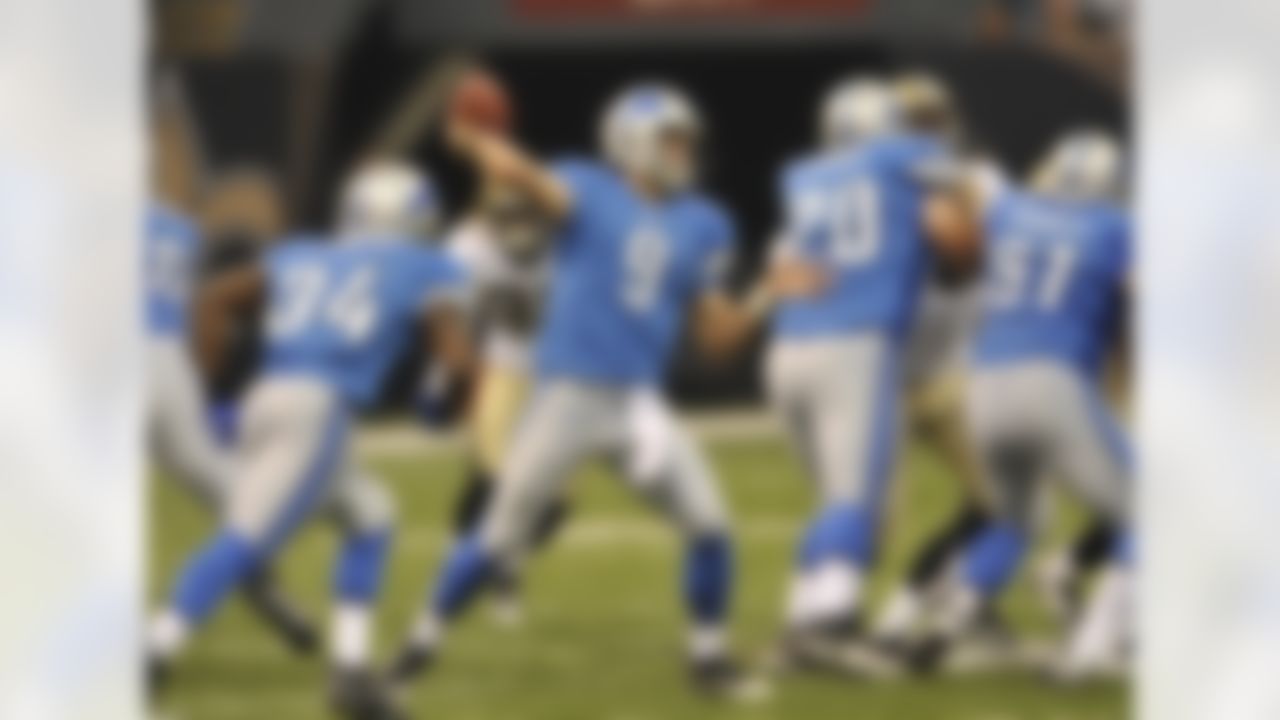 Detroit Lions quarterback Matthew Stafford (9) during the first half of an NFL football game against the New Orleans Saints at the Louisiana Superdome in New Orleans, Sunday, Sept. 13, 2009. (AP Photo/Bill Feig)