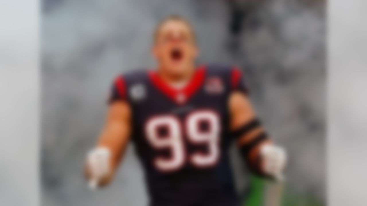 Houston Texans defensive end J.J. Watt (99) reacts as he is introduced to the crowd during player introductions against the Cincinnati Bengals during an NFL wild card playoff football game at Reliant Stadium on January 5, 2013 in Houston, Texas. Houston won 19-13. (Aaron M. Sprecher/NFL)