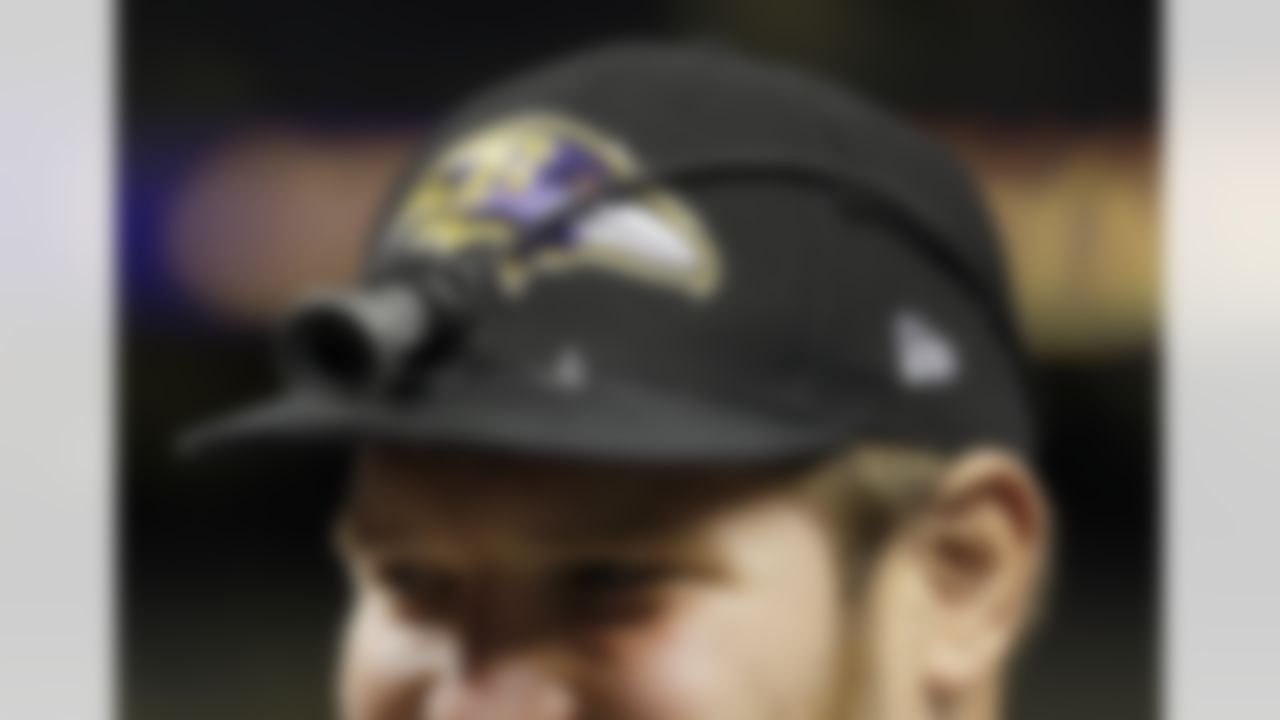 Baltimore Ravens offensive lineman Marshal Yanda films an NFL Super Bowl XLVII walkthrough with a camera attached to his cap on Saturday, Feb. 2, 2013, in the Mercedes-Benz Superdome in New Orleans. The Ravens face the San Francisco 49ers in Super Bowl XLVII on Sunday. (AP Photo/Patrick Semansky)
