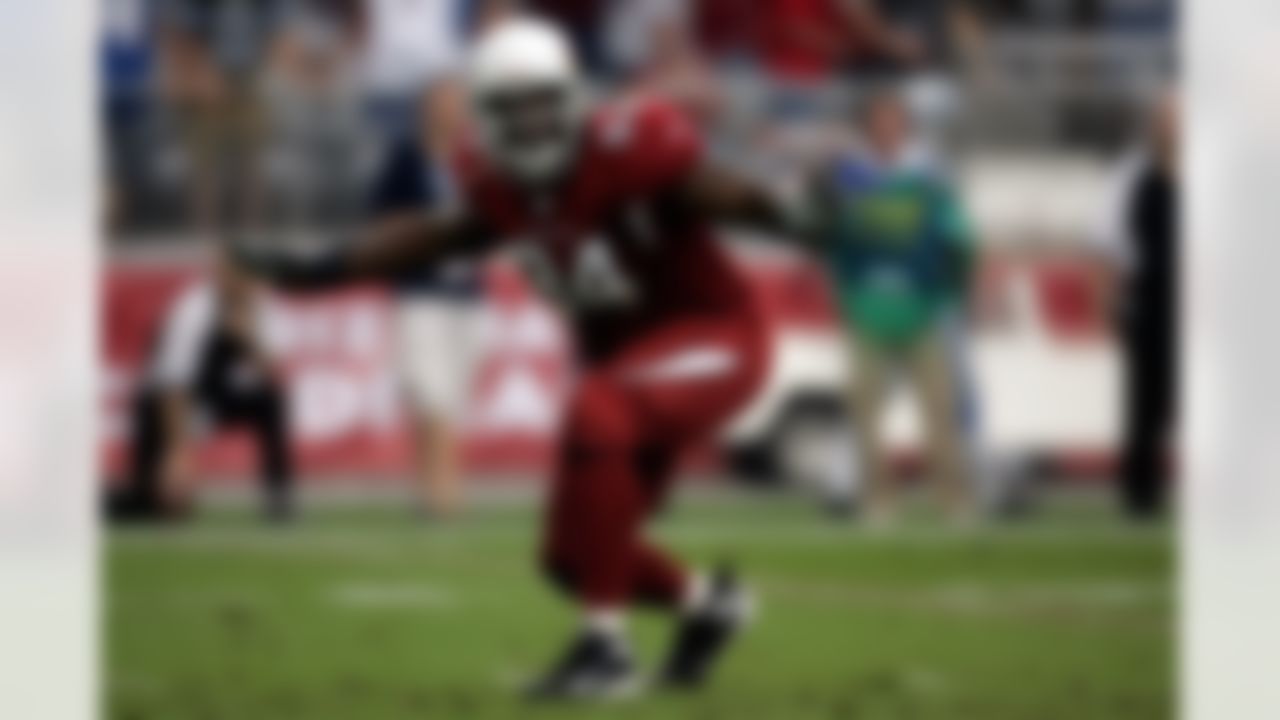 GLENDALE, AZ - NOVEMBER 11: Antonio Smith #94 of the Arizona Cardinals celebrates after sacking quarterback Jon Kitna #8 of the Detroit Lions in the first quarter at the University of Phoenix Stadium November 11, 2007 in Glendale, Arizona. The Cardinals defeated the Lions 31-21. (Photo by Jeff Gross/Getty Images)