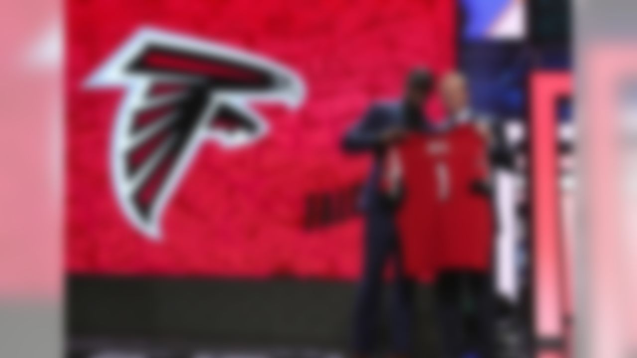 Florida strong safety Keanu Neal poses with NFL Commissioner Roger Goodell on the stage after being drafted by the Atlanta Falcons during the 2016 NFL Draft at the Auditorium Theatre on Thursday, April 28, 2016 in Chicago. (Perry Knotts/NFL)