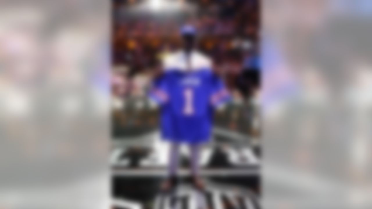 Clemson defensive end Shaq Lawson holds up his jersey after being drafted by the Buffalo Bills during the 2016 NFL Draft at the Auditorium Theatre on Thursday, April 28, 2016 in Chicago. (Ben Liebenberg/NFL)