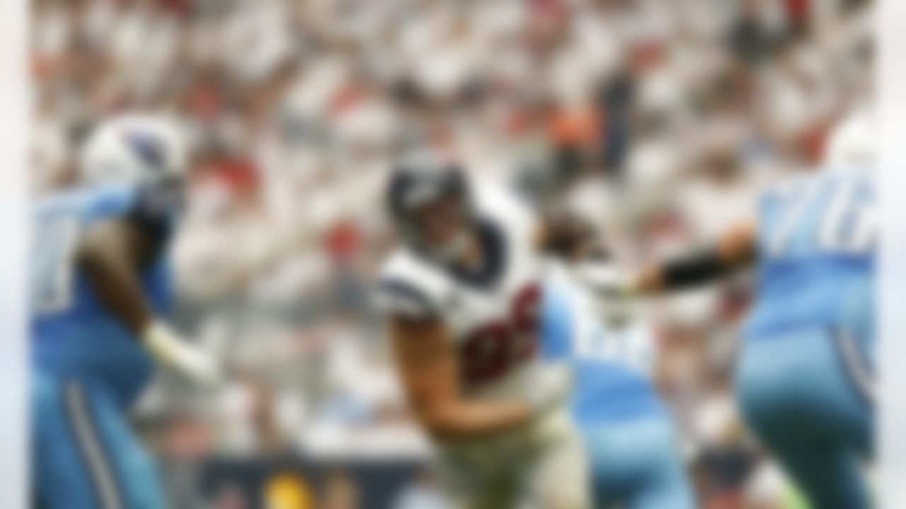 Houston Texans defensive end J.J. Watt (99) rushes the passer during an NFL football game against the Tennessee Titans at Reliant Stadium on September 15, 2013 in Houston, Texas. Houston won 30-24. (Aaron M. Sprecher/NFL)