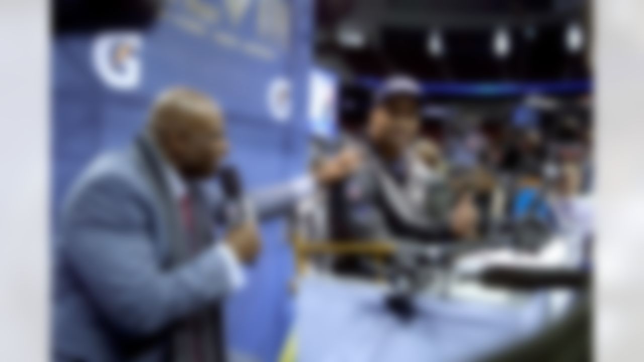 NFL Network's Deion Sanders interviews Seattle Seahawks safety Earl Thomas (29) during Super Bowl XLVIII Media Day at the Prudential Center on Tuesday, January 28, 2014 in Newark, NJ. (Ben Liebenberg/NFL)