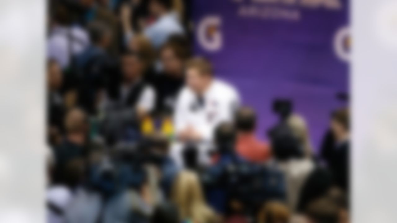 New England Patriots tight end Rob Gronkowski (87) speaks during Media Day for Super Bowl XLIX at the U.S. Airways Center on Tuesday, January 27, 2015 in Phoenix, AZ. (Ben Liebenberg/NFL)