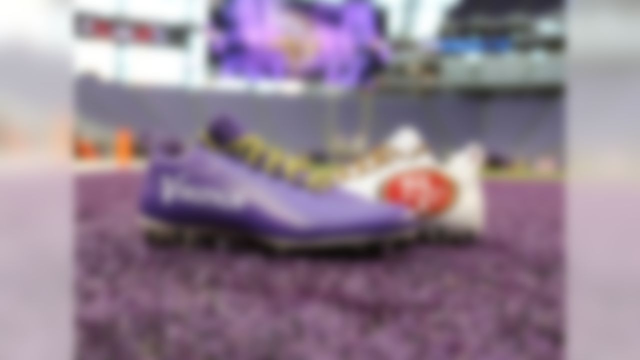 Minnesota Vikings and San Francisco 49ers cleats are seen during an NFL football game, Sunday, Sept. 9, 2018 in Minneapolis.