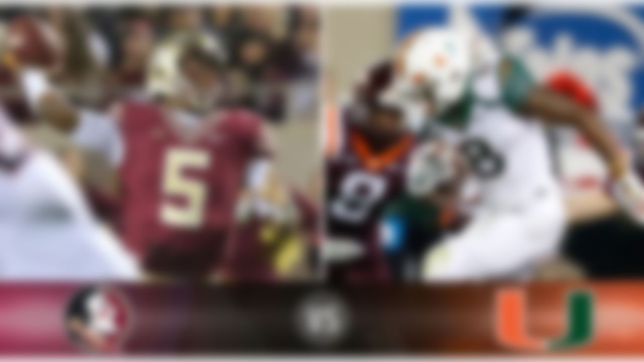 Details: Saturday, 8 p.m. ET, ABC
The skinny: FSU has won 25 in a row, and Miami would like nothing better than to stop that streak and deal perhaps a fatal blow to the Seminoles' title hopes. FSU QB Jameis Winston (above) already has thrown 11 picks, but when he is "on," there is no better passer in college football. He and WR Rashad Greene will test Miami's secondary. Conversely, UM TB Duke Johnson (above) -- who has a string of five consecutive 100-yard games and has averaged 196.0 yards in the past three -- will test a FSU defense that has struggled to maintain its consistency. UM true freshman QB Brad Kaaya throws a nice deep ball.
Game picks:
Brandt: Florida State, 37-30
Brooks: Florida State, 33-30
Jeremiah: Florida State, 38-28
Fischer: Florida State, 42-28
Goodbread: Florida State, 31-24
Huguenin: Florida State, 30-24