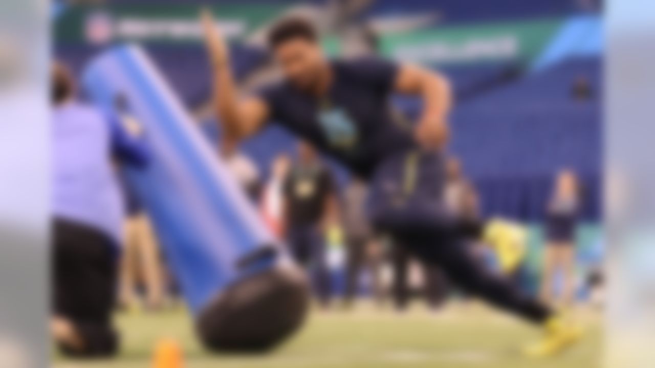 Texas A&M defensive end Myles Garrett runs a drill during the 2017 NFL Scouting Combine at Lucas Oil Stadium on Sunday, March 5, 2017 in Indianapolis. (Todd Rosenberg/NFL)