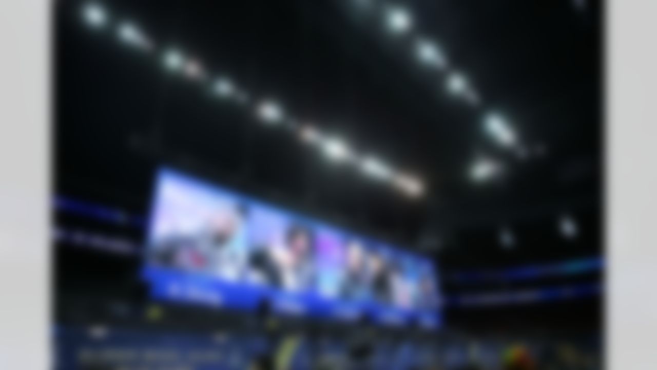 A video board shows different player podium assignments during the Super Bowl XLVIII Media Day at the Prudential Center on Tuesday, January 28, 2014 in Newark, NJ. (Ben Liebenberg/NFL)