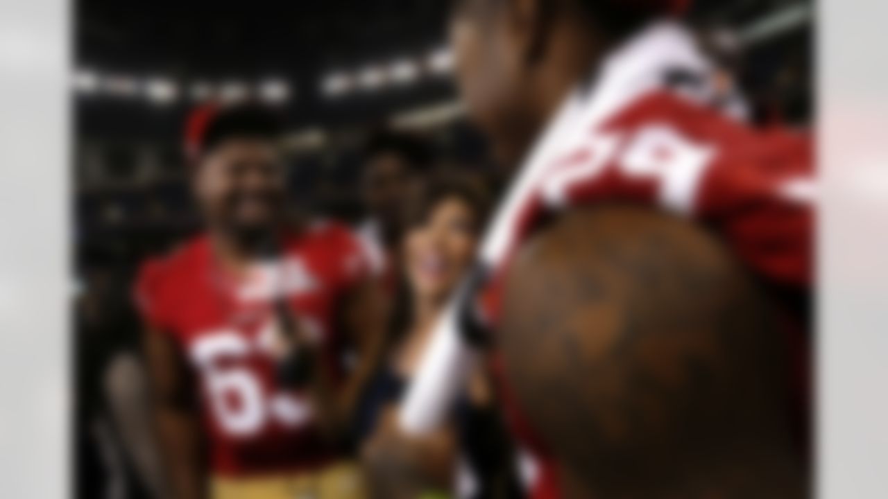 A member of the media interviews San Francisco 49ers defensive tackle Tony Jerod-Eddie (63) during the Super Bowl XLVII Media Day at the Superdome on Tuesday, January 29, 2013 in New Orleans, LA. (Perry Knotts/NFL)