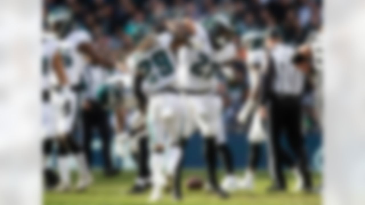 Philadelphia Eagles corner back Avonte Maddox (29) and strong safety Malcolm Jenkins (27) celebrate tackling Jacksonville Jaguars quarterback Blake Bortles (5) during an NFL football game against the Jacksonville Jaguars on Sunday, October 28, 2018 in London.