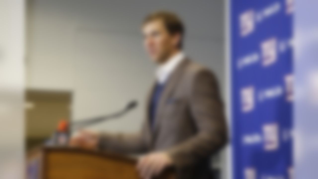 New York Giants quarterback Eli Manning speaks during a news conference after an NFL football game against the Kansas City Chiefs on Sunday, Nov. 19, 2017, in East Rutherford, N.J. The Giants won, 12-9.