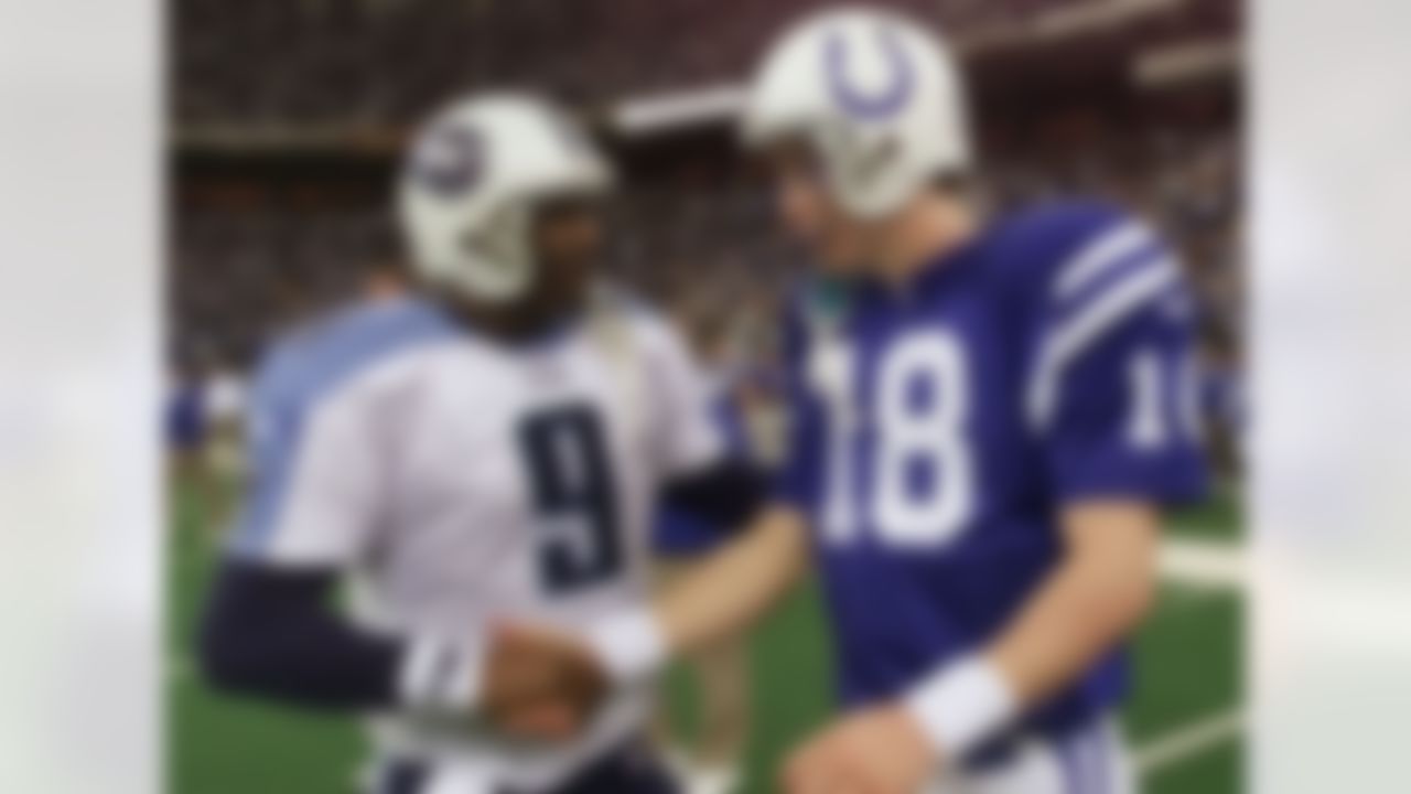 In the 2003 season, in which he was named co-MVP with Peyton Manning, Steve McNair recorded a 100.4 passer rating, the highest in franchise history. The Titans and Colts both went 12-4 that year, tied atop the AFC South. In the two games played against each other that season, neither McNair nor Manning threw an interception, but the Colts won both. Who had the upper hand throughout McNair's career? Manning won six of the nine games (including playoffs) against Air McNair over the years, going 4-1 on McNair's home turf.