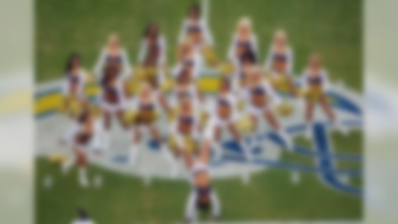 SAN DIEGO, CA - JANUARY 6: The San Diego Chargers cheerleaders do a dance routine on the Chargers' mid-field helmet logo during pregame against the Tennessee Titans at the AFC Wild Card playoff game at the Qualcomm Stadium on January 6, 2008 in San Diego, California. The Chargers defeated the Titans 17-6. (Photo by Paul Spinelli/Getty Images)