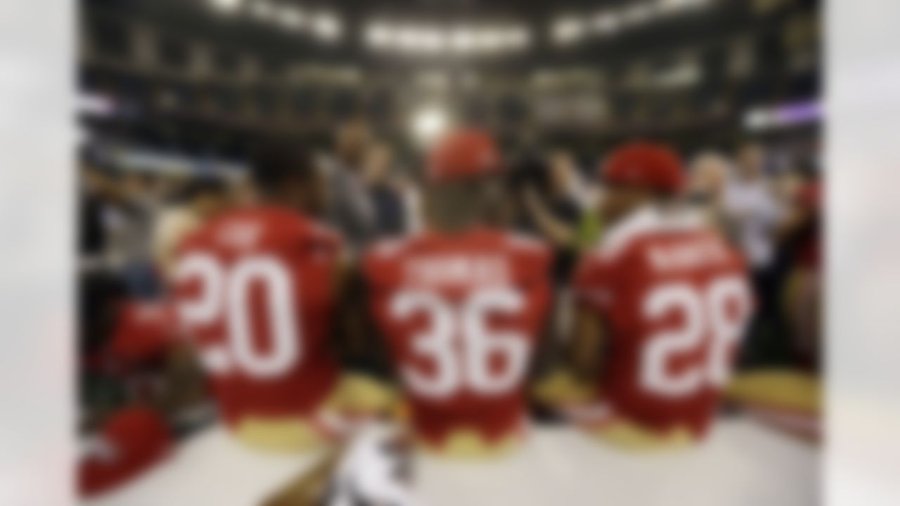 San Francisco 49ers defensive back Perrish Cox, Michael Thomas and Darcel McBath answer questions during media day for the NFL Super Bowl XLVII football game Tuesday, Jan. 29, 2013, in New Orleans. (AP Photo/Pat Semansky)