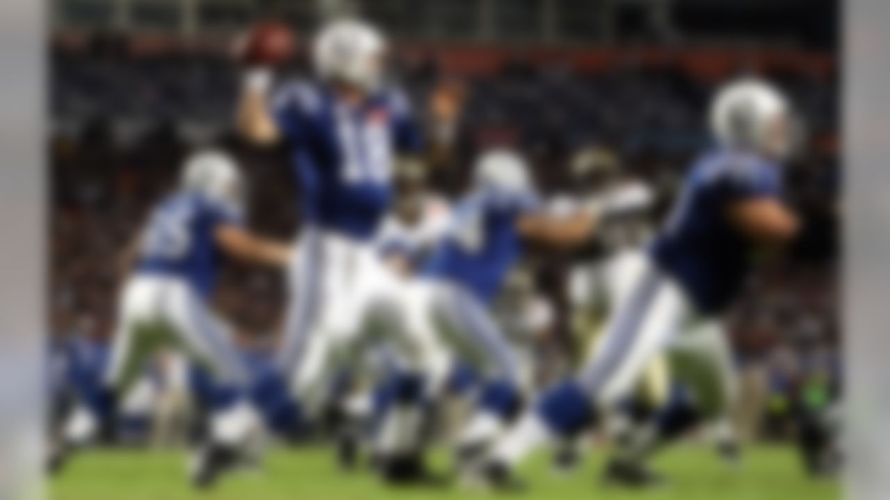 Peyton Manning (18) looks to pass during Super Bowl XLIV at Sun Life Stadium in Miami Gardens, Fla. on Feb. 7, 2010. The Saints defeated the Colts 31-17. (Ben Liebenberg/NFL)