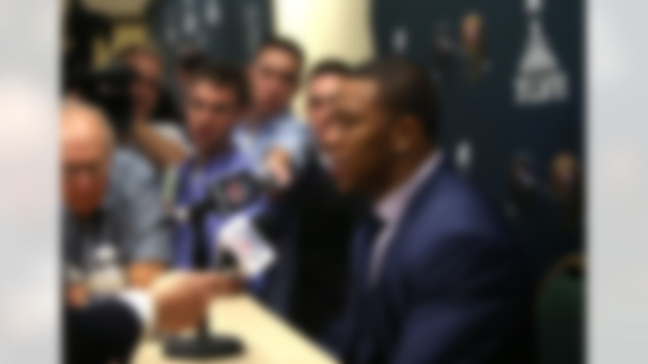 Baltimore Ravens running back Ray Rice answers questions from reporters during the arrivals press conference at the Hilton New Orleans Riverside on Monday, January 28, 2013 in New Orleans, LA. The Ravens will face the San Francisco 49ers in the NFL Super Bowl XLVII football game on Feb. 3. (Ben Liebenberg/NFL)