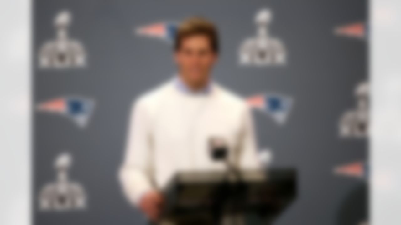 New England Patriots quarterback Tom Brady (12) answers questions from the media during a press conference for Super Bowl XLIX at the Sheraton Wild Horse Pass Resort on Monday, January 26, 2015 in Chandler, AZ. (Ben Liebenberg/NFL)