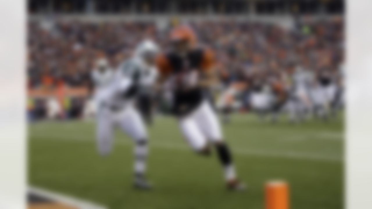 Cincinnati Bengals wide receiver Laveranues Coles scroes a touchdown in front of New York Jets cornerback Dwight Lowery during the first half of an NFL wild-card playoff football game, Saturday, Jan. 9, 2010, in Cincinnati. (AP Photo/Rob Carr)