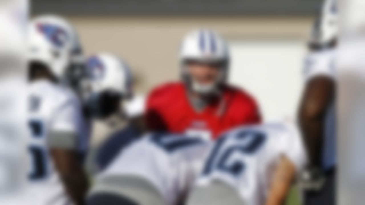 Tennessee Titans quarterback Nick Stephens calls a play during NFL football camp at Titans' headquarters Saturday, July 28, 2012 Nashville, Tenn. (AP Photo/Wade Payne)