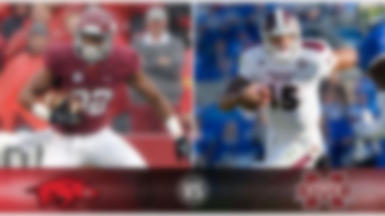 Details: Saturday, 7:15 p.m. ET, ESPN2
The skinny: The Bulldogs' magical season looks to continue against the SEC West's worst team, but don't underestimate the Razorbacks' ability to keep this one close. Arkansas' power running game -- led by Jonathan Williams (above) and Alex Collins -- is perfectly capable of piling up enough yardage on Mississippi State's defense to stay in the game. MSU QB Dak Prescott (above) could have a big day against Arkansas' defense, however, and a big day wouldn't hurt his Heisman Trophy chances, either. Arkansas linebacker Martrell Speight is one of the SEC's most underrated players, and he'll be tasked with plugging the rushing lanes that Prescott has found so inviting this season.
Game picks:
Brandt: Mississippi State, 37-27
Brooks: Mississippi State, 35-31
Jeremiah: Mississippi State, 31-20
Fischer: Mississippi State, 34-27
Goodbread: Mississippi State, 31-24
Huguenin: Mississippi State, 31-21