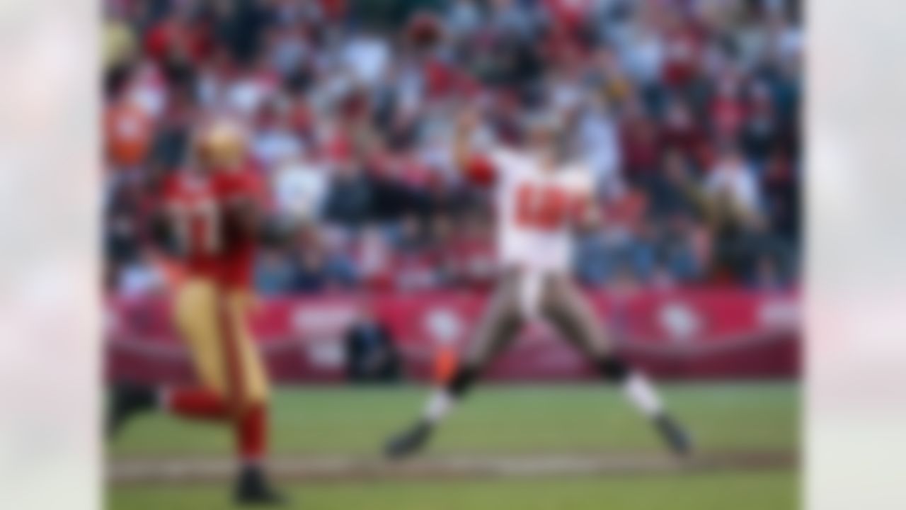 SAN FRANCISCO - DECEMBER 23: Backup quarterback Luke McCown #12 of the Tampa Bay Buccaneers unloads a deep pass during the game against the San Francisco 49ers on December 23, 2007 at Monster Park in San Francisco, California. The Niners defeated the Bucs 21-19. (Photo by Paul Spinelli/Getty Images)