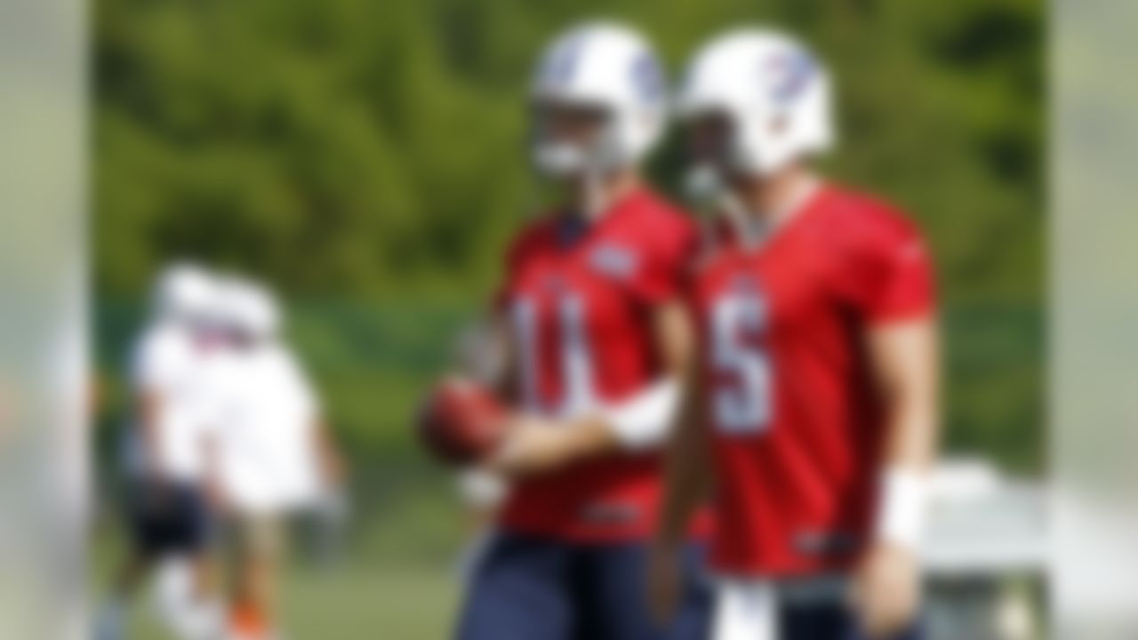 Tennessee Titans quarterback's Rusty Smith (11) and Nick Stephens (5) during training camp at Titans' headquarters Saturday, July 28, 2012 Nashville, Tenn. (AP Photo/Wade Payne)