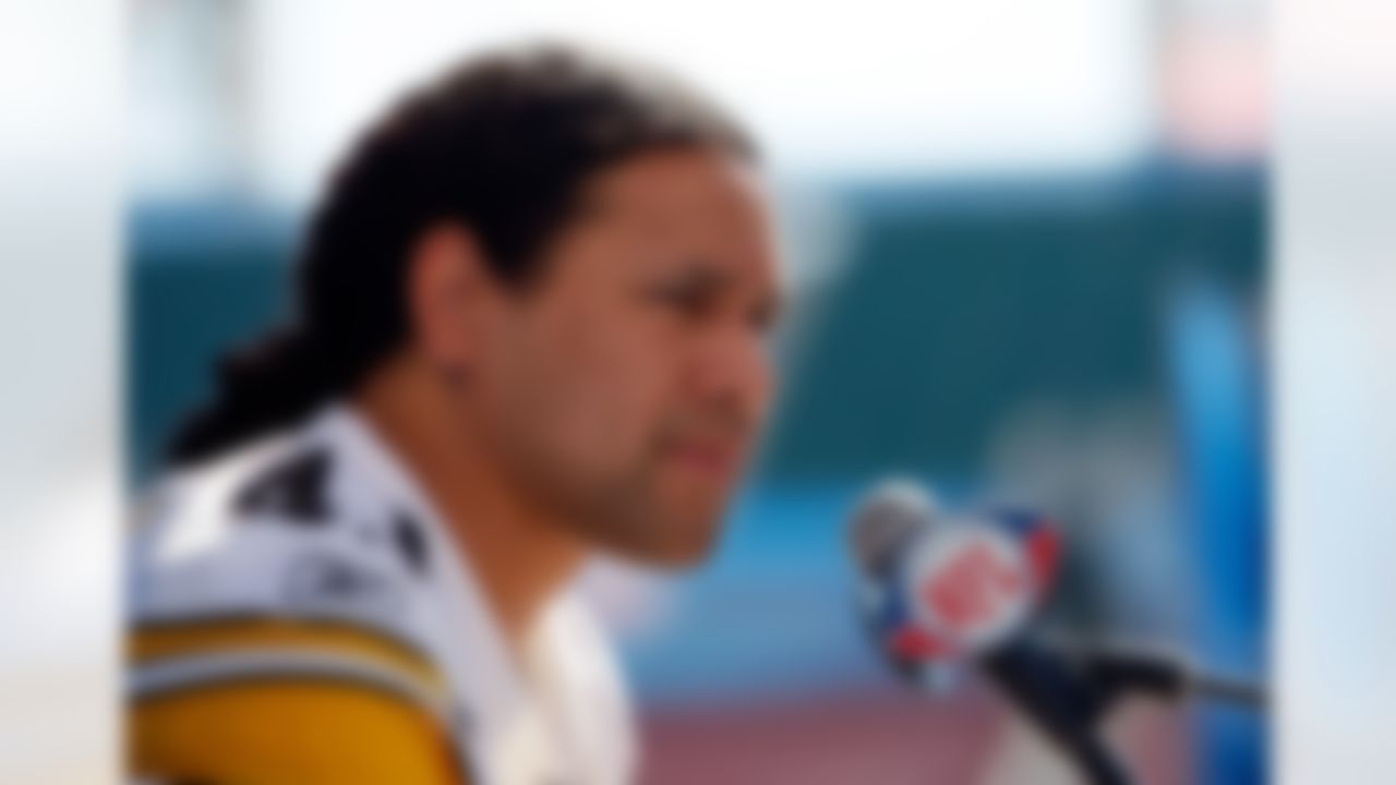 TAMPA , FL - JANUARY 27: Troy Polamalu of the Pittsburgh Steelers during the AFC Media Day at Raymond James Stadium on January 27, 2009 in Tampa, Florida. (Photo by Ben Liebenberg/NFL.com)